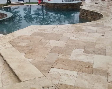 Ivory Rustic Travertine Bullnose Pool coping, biege pool coping tiles, round edge pool coping by stone pavers sydney
