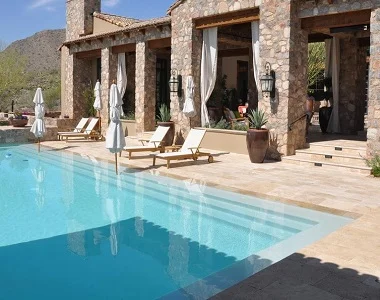 Noce Travertine Tumbled pool Coping, brown tiles, ochre coping tiles by stone pavers australia